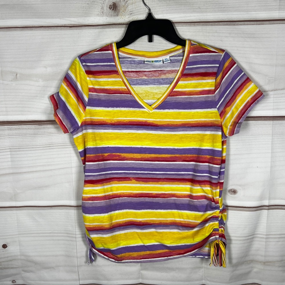 Kiwi Fresh V-Neck Top‎ Womens PL Multicolor Striped Ruched Side Tie Short Sleeve